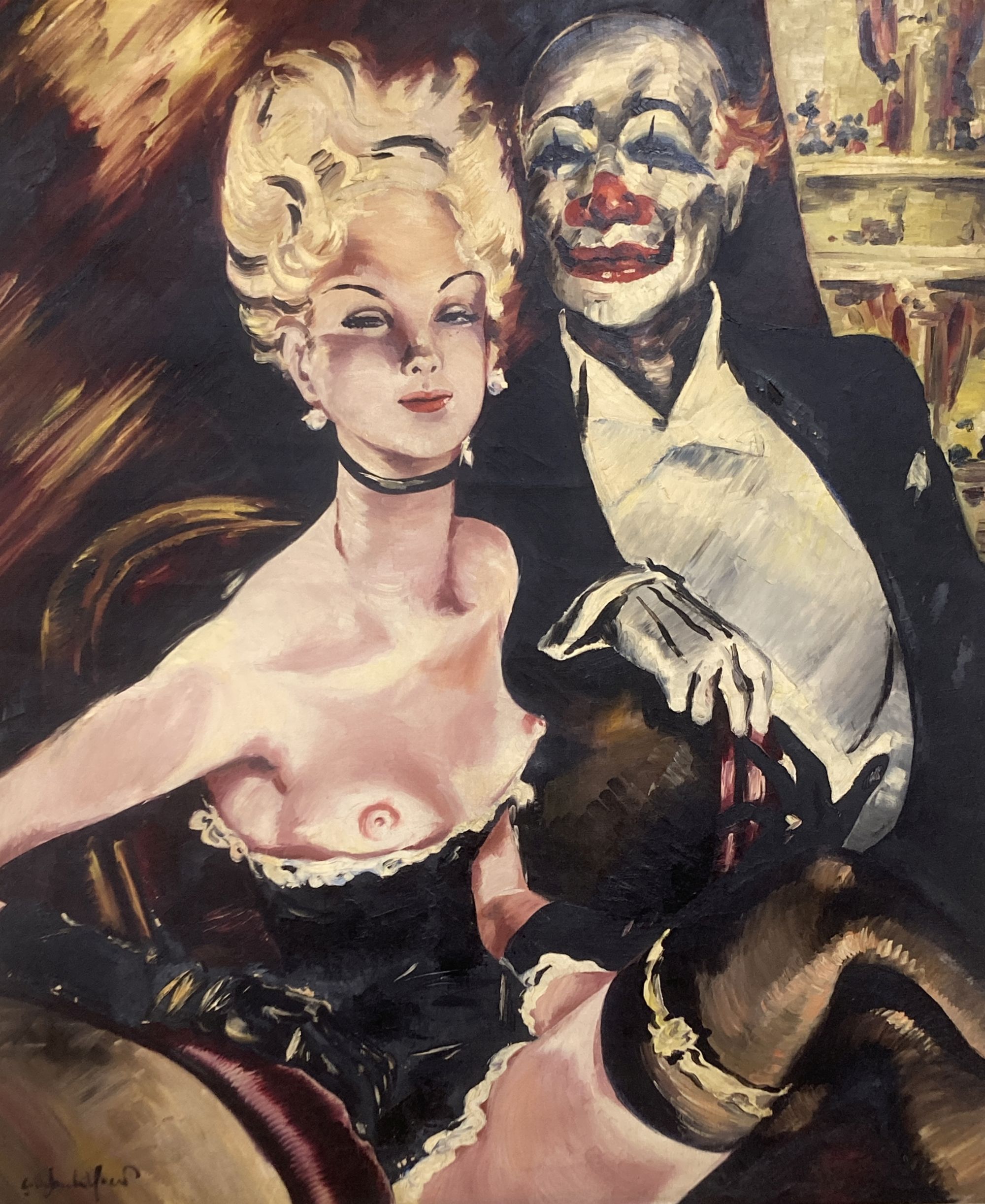 German School, oil on canvas, Show girl and gentleman with clown face, indistinctly signed, 95 x 80cm